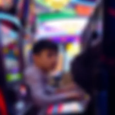 A curious player engaging with a slot machine in a lively casino environment