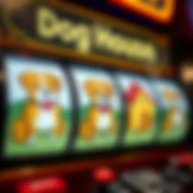 A close-up of slot machine symbols featuring dogs and houses.