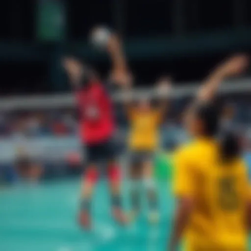 Vietnamese volleyball players showcasing teamwork during a match.